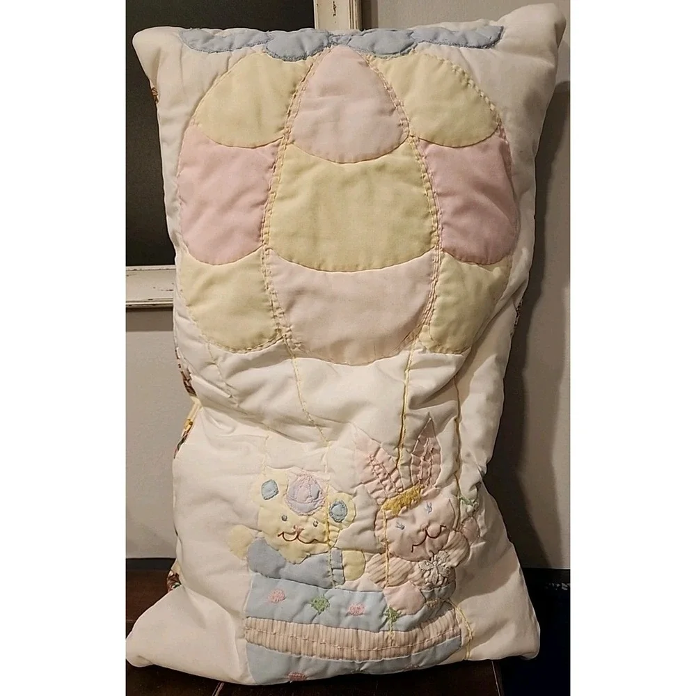 Vintage Quilted Bunny Bear Baby Blanket Pillow Hot Air Balloon Pastels Carousel